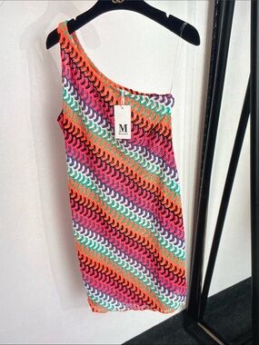 Missoni One-Shoulder Zigzag Knit Dress — Pink, Orange, Green, Purple